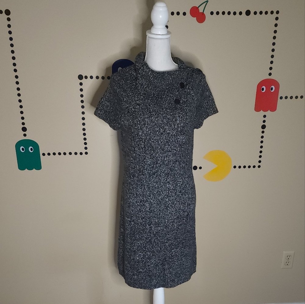Dressbarn Gray Marled Knit Sweater Dress Button Collar Large L